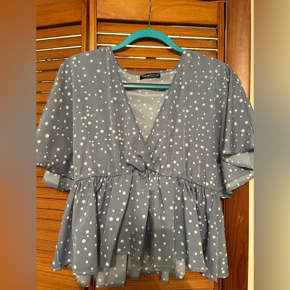 Light blue white polka dot blouse